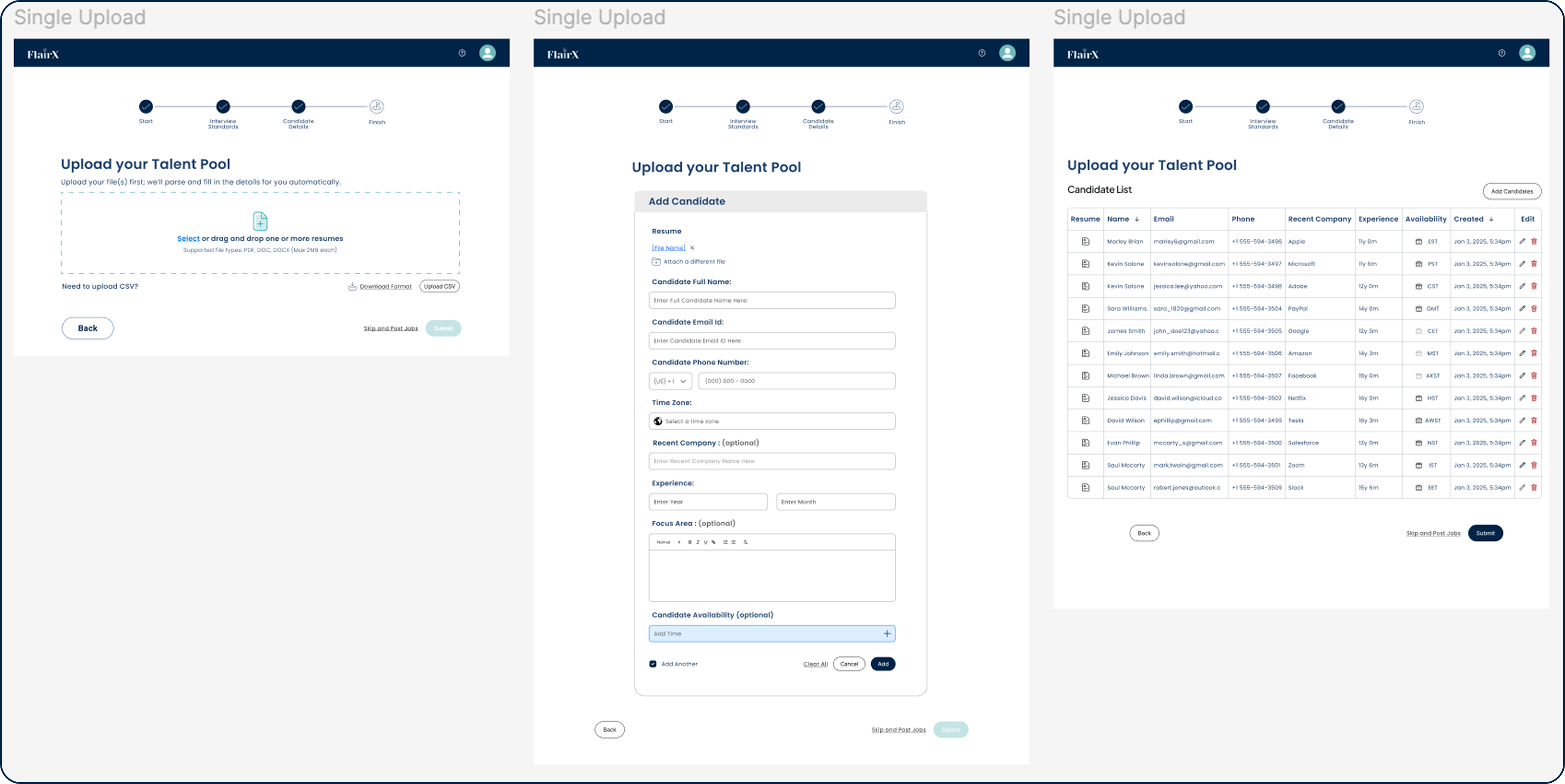 Single upload flow shown across three steps: drop the résumé, review the parsed fields, confirm the candidate