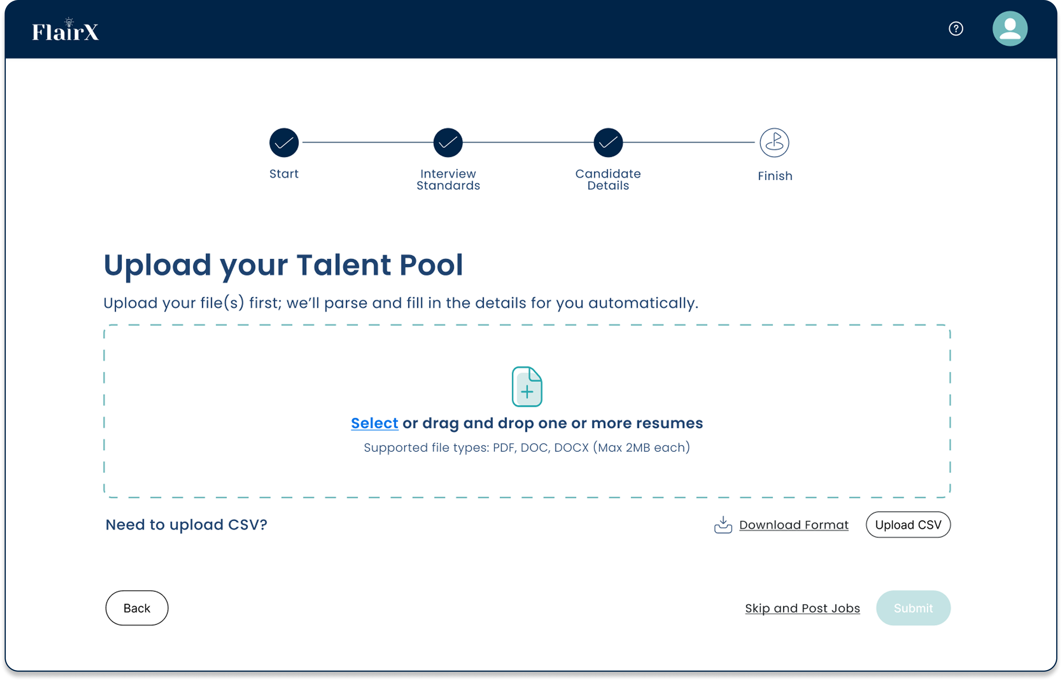 The redesigned intake screen: the résumé is parsed and the fields arrive pre-filled for review